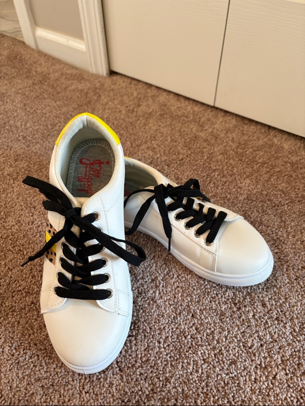 Jellypop White Sneakers with Black Laces and Yellow Trim